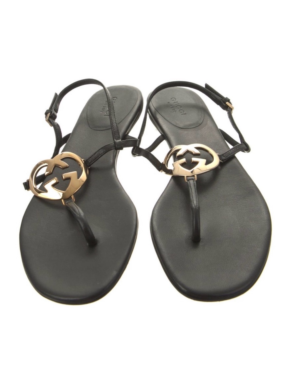 Gucci Black Leather Sandals with Gold Logo Medallion NEW 38.5